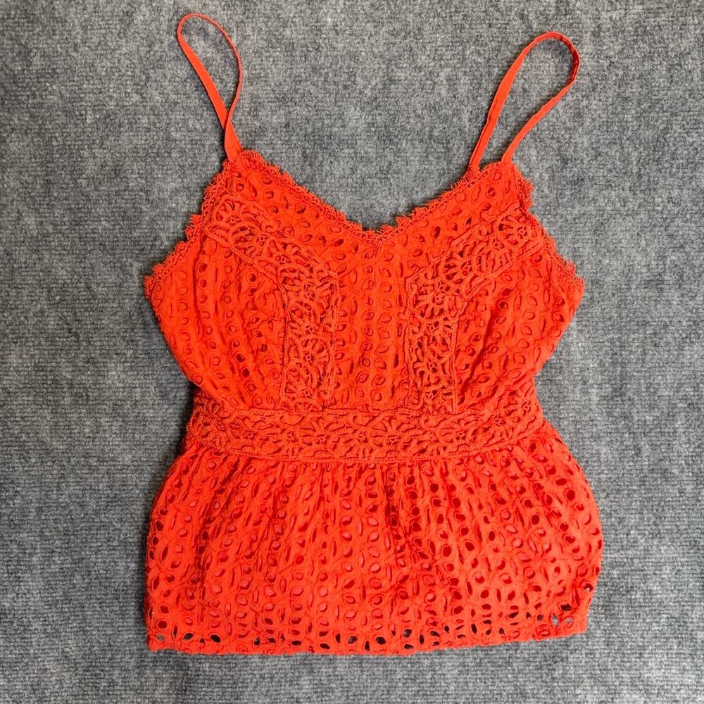 Japna Red Orange Eyelet Lace Cami Tank Top Womens Size S Smocked Boho Cottage